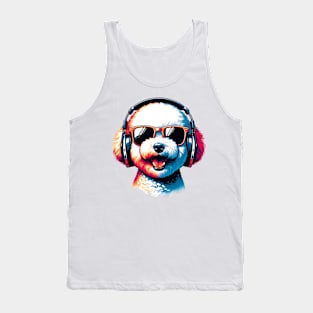 Grinning Bichon Frise as Smiling DJ in Sunglasses Tank Top